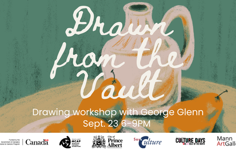Image of a sketch of a pot and pears. With the text Drawn from the Vault: Drawing Workshop with George Glenn  September 23, 2026 | 6–9 PM