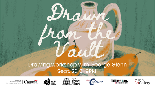 Image of a sketch of a pot and pears. With the text Drawn from the Vault: Drawing Workshop with George Glenn  September 23, 2026 | 6–9 PM