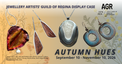 On a grey to gold gradient background there are 4 jewellery items, a pair of square blue metal earrings, an oval striped stone pendant, a pair of long triangular pink stone earrings, and a copper leaf necklace.