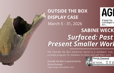 a ceramic vessel in an organic vase shape, which leans to the left with a ragged top edge in gold and deep red earth hues.