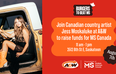 Promotional Graphic for the Burgers to Beat MS event featuring Canadian country artist Jess Moskaluke.