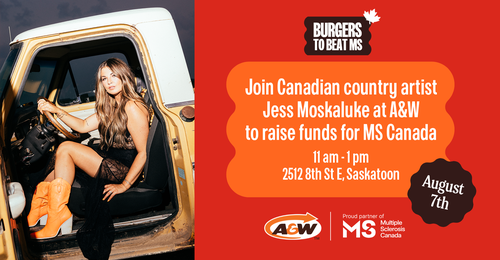 Promotional Graphic for the Burgers to Beat MS event featuring Canadian country artist Jess Moskaluke.