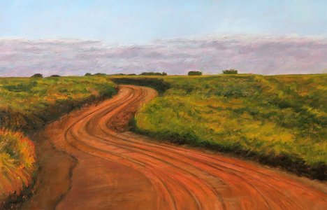 Oil painting by experience artist and teacher Laureen Marchand titled "Flow" depicting a winding red road leading to a Sasaktchewan horizon with a wide sky