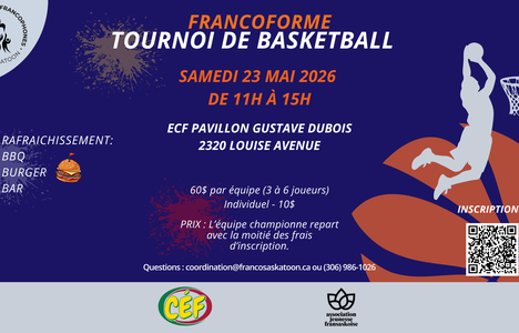 Poster for event with a silhouette of someone playing basket ball.