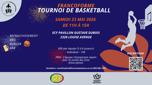 Poster for event with a silhouette of someone playing basket ball.