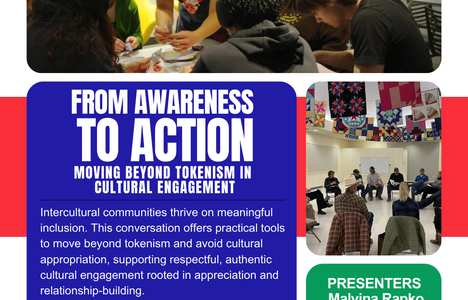 Poster for event with pictures of people working together and talking together.