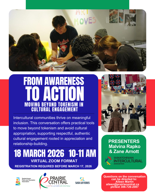 Poster for event with pictures of people working together and talking together.