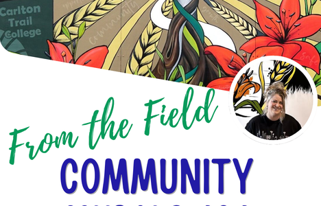Poster for event with a headshot of the artist and a photo of a painted floral mural.