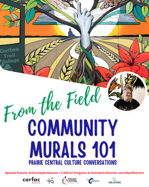 Poster for event with a headshot of the artist and a photo of a painted floral mural.