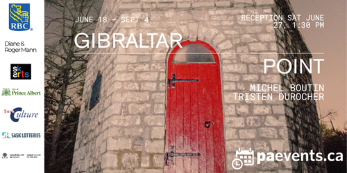 Poster for event with logos of SaskCulture, SKArts and RBC. There is a photo of a brick building with a red old fashioned wooden door.