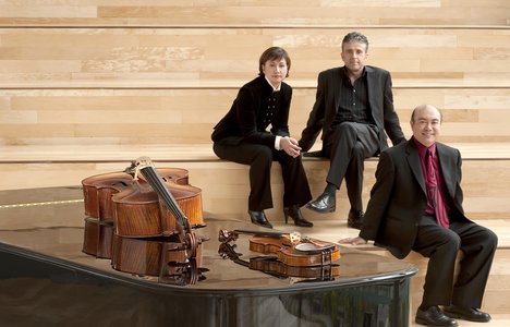 Standing at a concert grand: pianist Jamie Parker; Annalee Patipatanakoon, holding her violin' and Roman Borys, holding his cello.