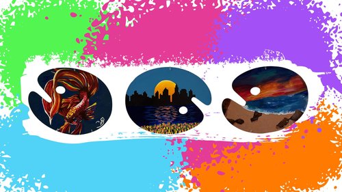 Image of three art palettes with different landscapes on them surrounded by splatters or paint in bright colours.