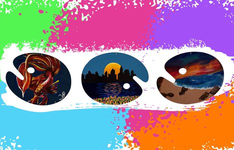 Image of three art palettes with different landscapes on them surrounded by splatters or paint in bright colours.