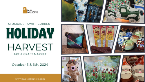 painting of a baby cow, wooden santa decor, blue pottery, glass flowers, packaged jerky, wood cutting boards, crocheted bears,