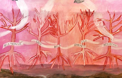 Red trees with names on ribbons, birds above, and human figures intertwined in dark soil below.