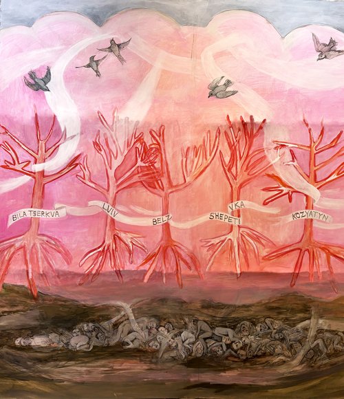 Red trees with names on ribbons, birds above, and human figures intertwined in dark soil below.