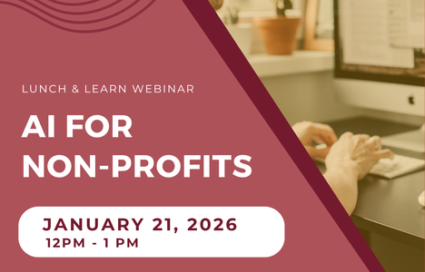 Promotional graphic for a Lunch & Learn webinar titled ‘AI for Non-Profits,’ featuring SaskCulture and Sask Lotteries logos.