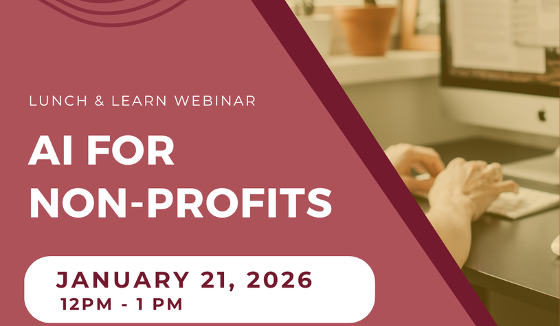 Poster for webinar with a person typing on a computer.