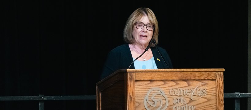 Minister of Parks, Culture and Sport Alana Ross, speaking at the 2024 SaskCulture AGM