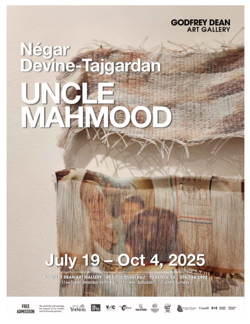 An event poster depicting a detail of the artist's work: a paper weaving made from photographs of the artist's uncle holding the artist's infant sister in his arms. The image is woven into patterns reminiscent of traditional weaving.
