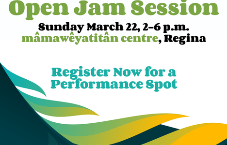 Poster for SaskMusic Indigenous Music Series with a graphic of a abstract feather in yellow and green.