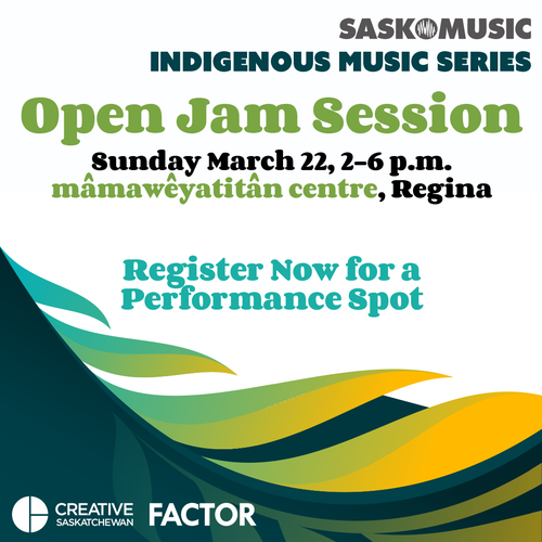 Poster for SaskMusic Indigenous Music Series with a graphic of a abstract feather in yellow and green.