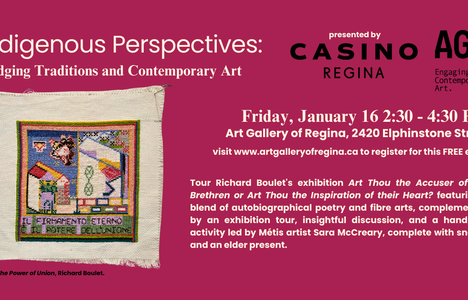 an cross-stitched image of a house and Italian words "il firmamento..." on a purple background advertising Indigenous Perspectives.