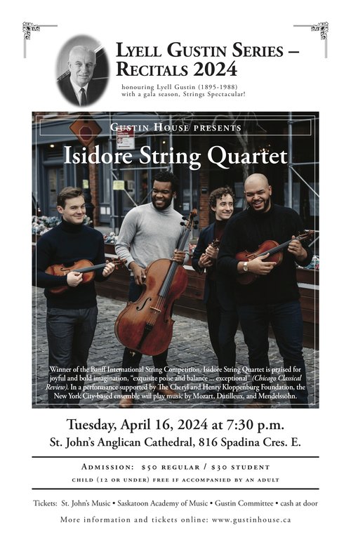 Four string players engage in lively conversation on a sidewalk, holding their instruments