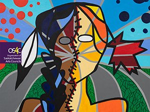 She Wears The Scars Of Your Canada - Reconciliation, (named by Rosanna Deerchild), John Brady McDonald, Acrylic on canvas, 40"x30", 2019.