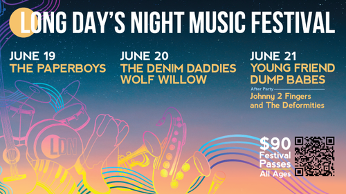 This image shows our festival line up with a QR code to scan for purchasing tickets.