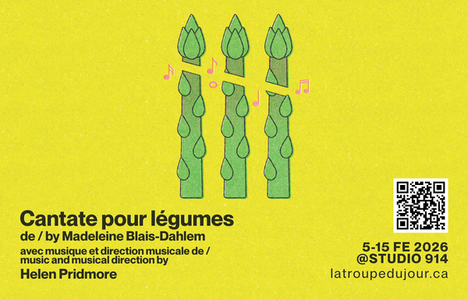 "Cantate pour légumes" promotional illustration of 3 green asperagus surrounded by pink musical notes, on a bright yellow background, in the centre, with event details.