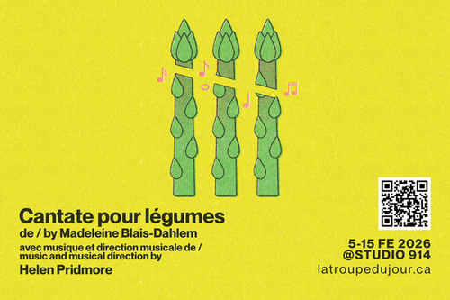 "Cantate pour légumes" promotional illustration of 3 green asperagus surrounded by pink musical notes, on a bright yellow background, in the centre, with event details.