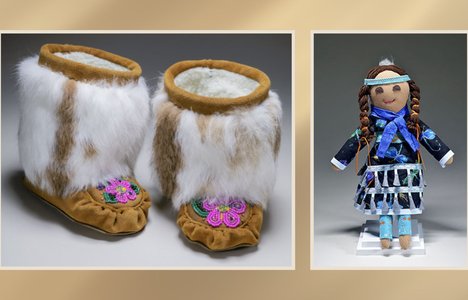 photos of beaded moccasins and a First Nations doll in a jungle dress.