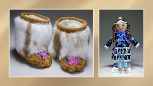 photos of beaded moccasins and a First Nations doll in a jungle dress.