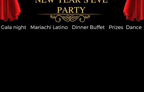 Famous Celebrity holding the Oscar's figuring. It mentions the venue being located at Ramada Hotel. Gala event, Buffet dinner, desserts, Mariachi Latino Band, DJ Diablo and spectacular dinner show!