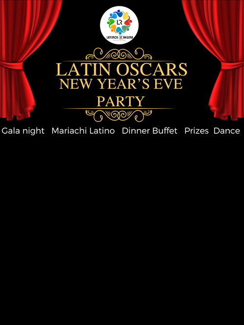 Famous Celebrity holding the Oscar's figuring. It mentions the venue being located at Ramada Hotel. Gala event, Buffet dinner, desserts, Mariachi Latino Band, DJ Diablo and spectacular dinner show!