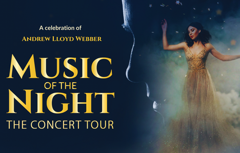 An image of a woman in front of the silhouette of a male face with writing that say "Music of the Night: The Concert Tour"