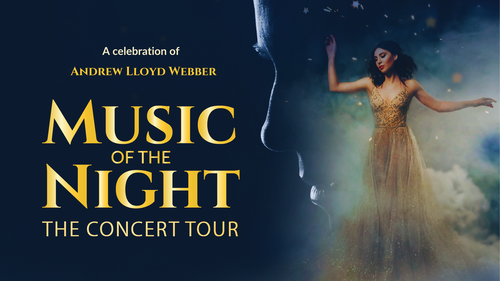 An image of a woman in front of the silhouette of a male face with writing that say "Music of the Night: The Concert Tour"