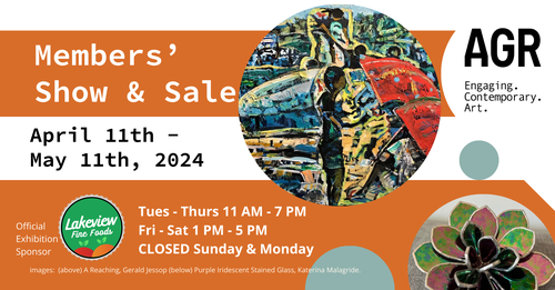 The Member's Show and Sale poster features a painting by Gerald Jessop, which is an impressionistic beach scene- as well as a stained-glass succulent sculpture by Katerina Malagride.