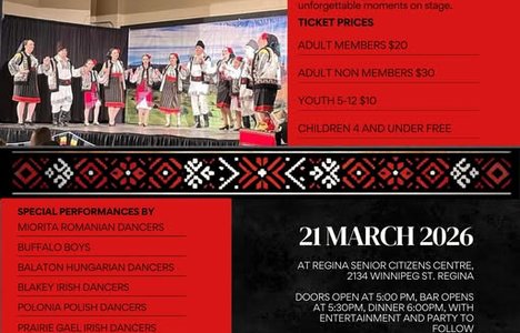 Poster for event with a image of a group of dancers and a schedule