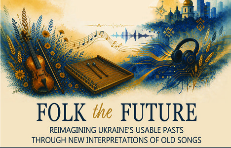 Poster for event with a illustration of a book, musical instruments, and a landscape with a castle in the background.