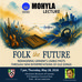 Poster for event with a illustration of a book, musical instruments, and a landscape with a castle in the background.
