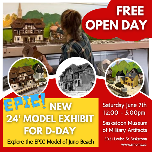 The image has details of the event and photos of the D-Day model of Juno Beach nearing completion.