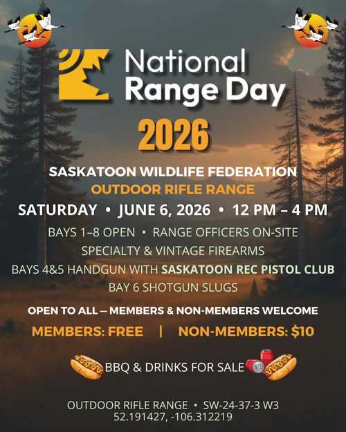 Poster for the National Range day event at the saskatoon wildlife federation outdoor range from 12-4pm June 6th