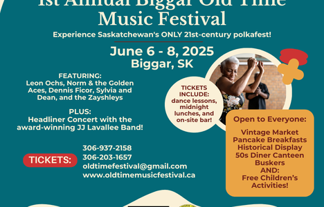 Poster for the 1st Annual Biggar Old Time Music Festival (June 6-8, 2025, Biggar, SK) featuring live music, dance lessons, food, a vintage market, and family-friendly activities.