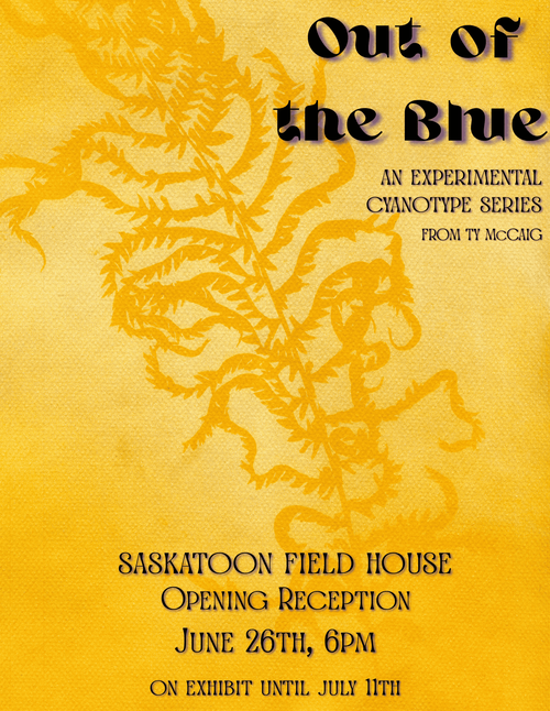 The photo features the details for the event that are found in the event description overtop of a bright yellow turmeric anthotype print of a fern