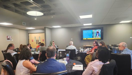 Photo of staff watching a presentation on a screen.