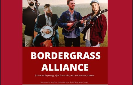 Poster with the members of the Bordergrass Alliance posing with their instruments