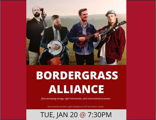 Poster with the members of the Bordergrass Alliance posing with their instruments