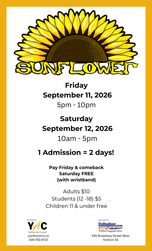 Details of the Sunflower Art and Craft Market 2026—our much-loved art and craft market celebrating local and homegrown products from Saskatchewan and the region—will take place on September 11 & 12, 2026.